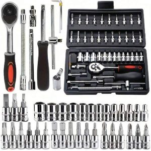 46pcs Car Repair Tool Kit: Ratchet Torque Wrench, Spanner, Screwdriver, Socket Set Combo - Perfect For Bicycle & Auto Repairing! Red