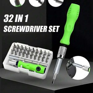 1set 32 In 1 Mini Magnetic Precision Screwdriver Set, Carbon Steel Screwdriver Set, Modern Home Magnetic Screwdriver Kit, Small Screwdriver Set, Father's Day Gift, Essential Household Tool (Star, Y, Plum Blossom, Triangle, Cross, Flathead, U, Hexagon) For Glasses Laptops Smartphones Watches Toys Repair Green