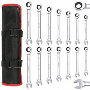 14 Pieces Wrench Set, Ratcheting Wrench Set, Metric 6-19mm, Fixed Head Ratcheting Combination Wrenchs, Chrome Vanadium Steel With Storage Bag For Garage Projects Silver