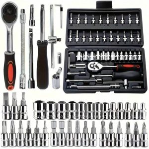 46pcs Automotive Repair Tool Kit, 1/4" Drive Socket Ratchet Wrench Set, Combination Tools Set For Car & Bicycle Maintenance Multicolor