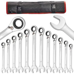 12-Piece Reversible Ratcheting Combination Wrench Set, Metric, 8mm-19mm, Chrome Vanadium Steel Ratchet Wrenches Set With Rolling Pouch Silver